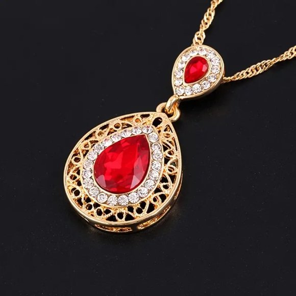 Red Vintage Water Drop Pendant Necklace and Dangle Earrings Jewelry Set - Picture 2 of 4